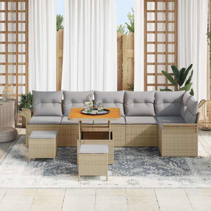 Set da giardino di 9 pezzi  con cuscini in polirattan beige e acacia. 3362152