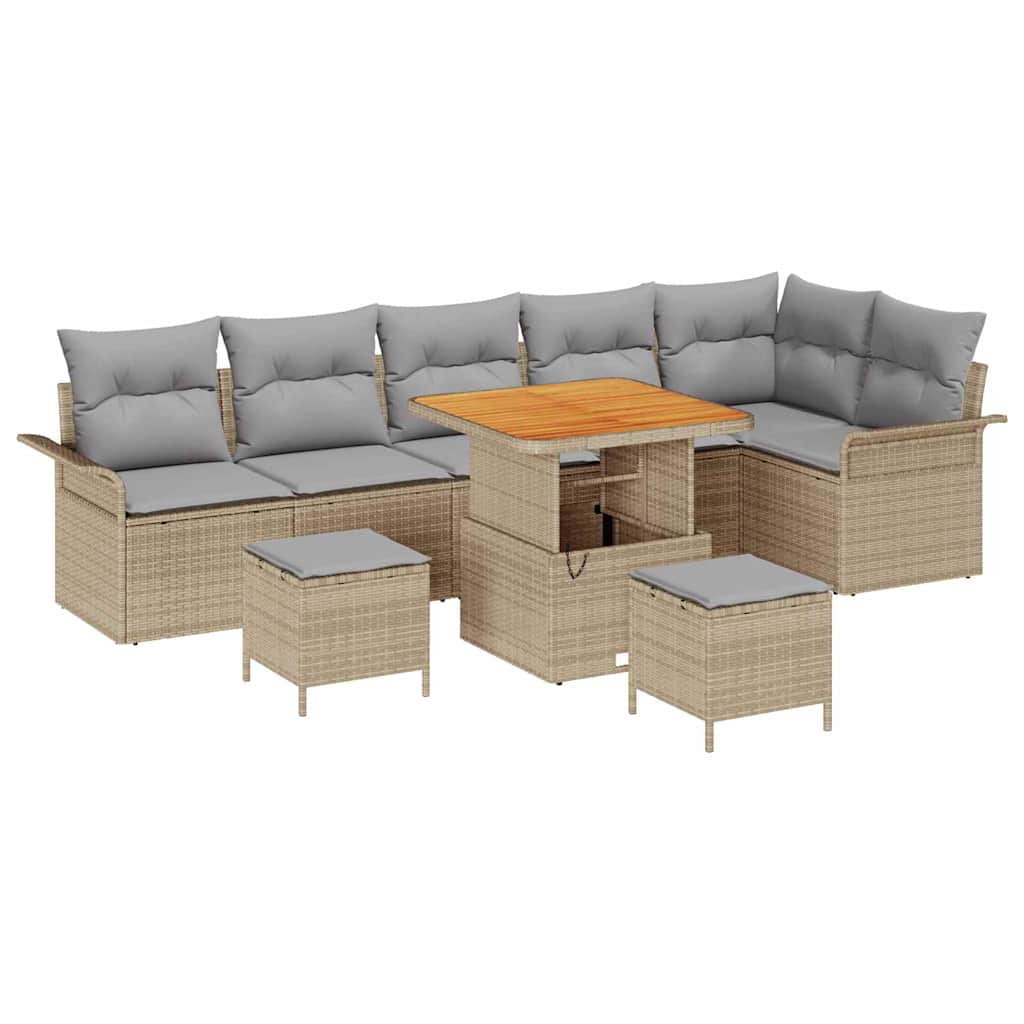 Set da giardino di 9 pezzi  con cuscini in polirattan beige e acacia. 3362152