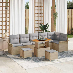 Set da giardino  da 9 pezzi con cuscini beige in rattan sintetico e legno di acacia. 3362157
