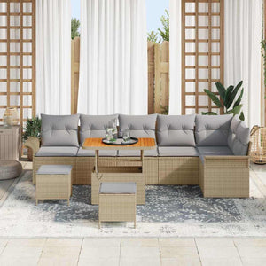 Set da giardino  da 9 pezzi con cuscini beige in rattan sintetico e legno di acacia. 3362157