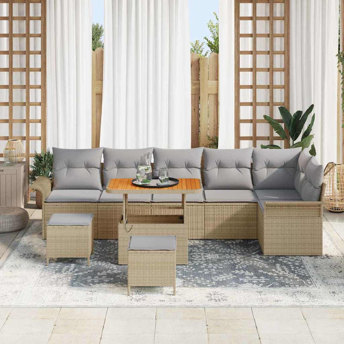 Set da giardino  da 9 pezzi con cuscini beige in rattan sintetico e legno di acacia. 3362157
