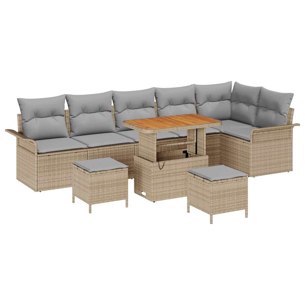 Set da giardino  da 9 pezzi con cuscini beige in rattan sintetico e legno di acacia. 3362157