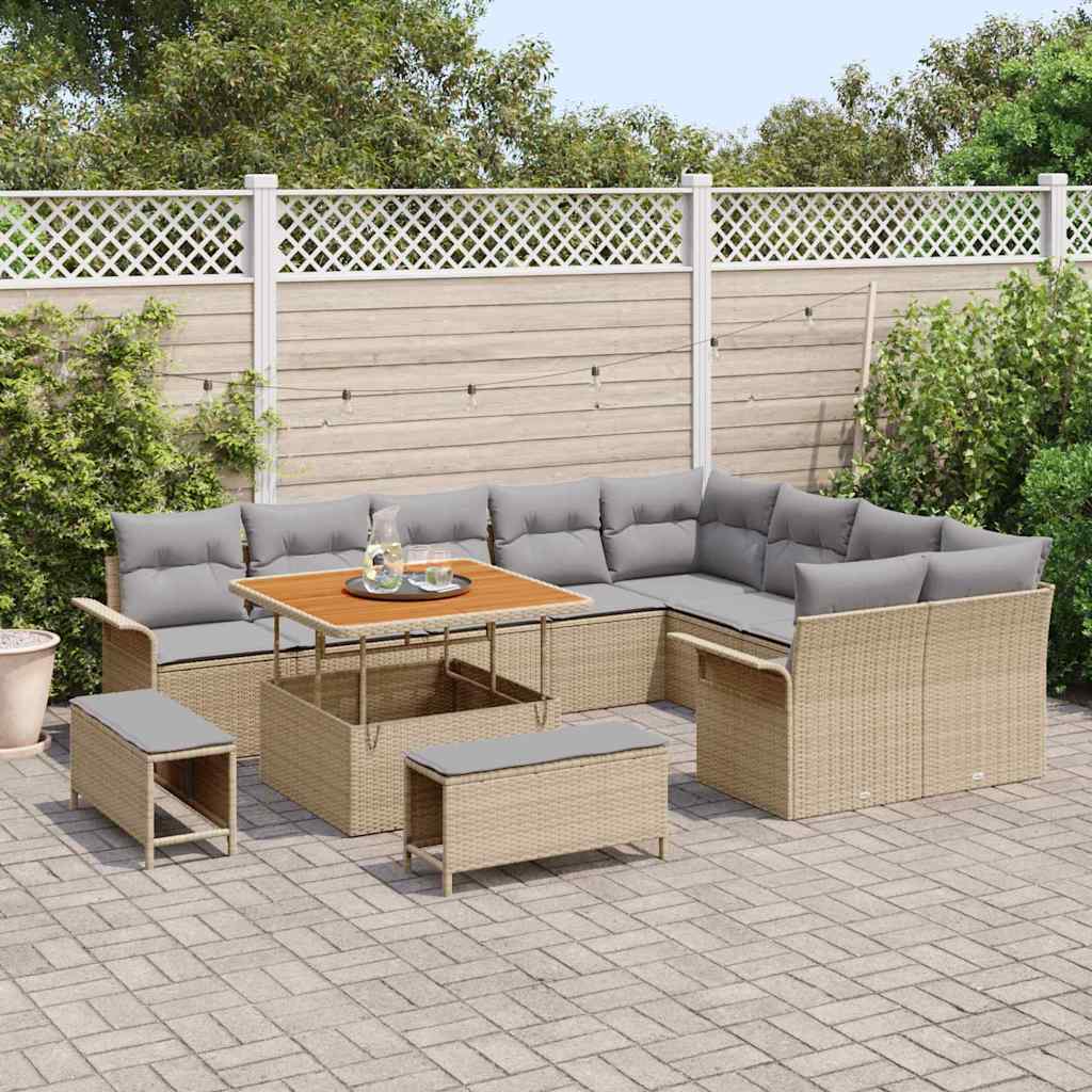 Set di divani da giardino  da 12 pezzi con cuscini beige in rattan sintetico e acacia. 3362167