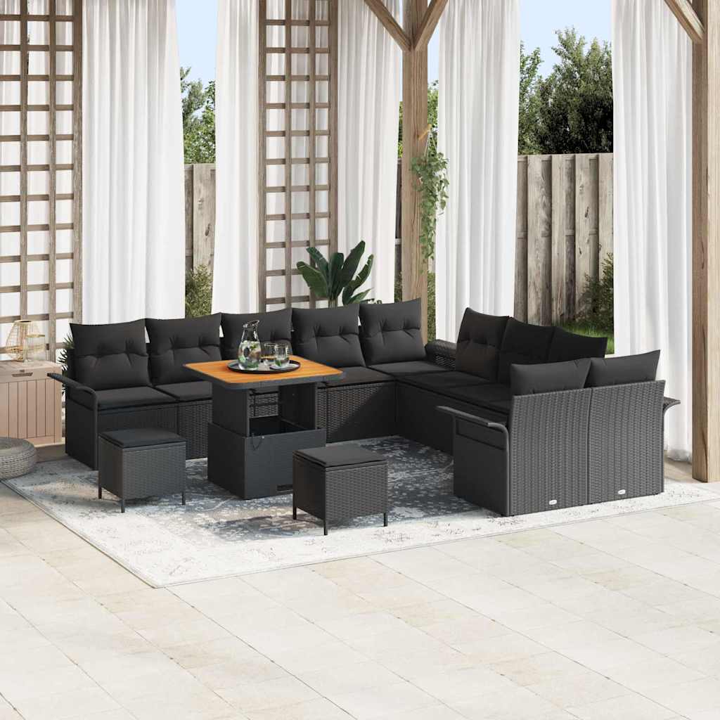 Set di divani da giardino  in 13 pezzi con cuscini neri, rattan polyrattan e legno di acacia. 3362189