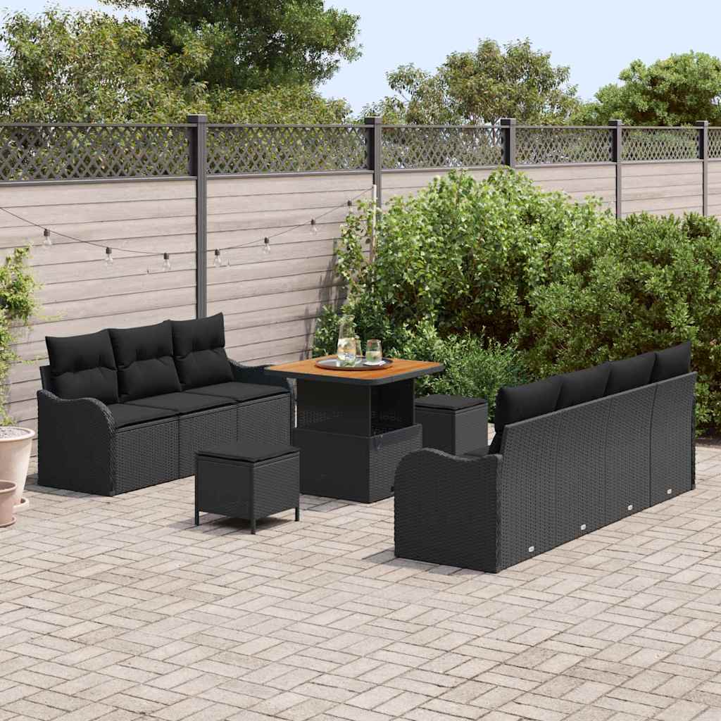 Set di divano da giardino 10 pezzi  con cuscini in rattan sintetico nero e acacia 3362224