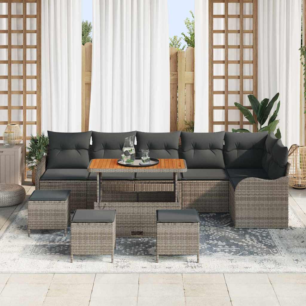 Set di divani da giardino in 10 pezzi con cuscini grigi in rattan e legno d'acacia 3362293