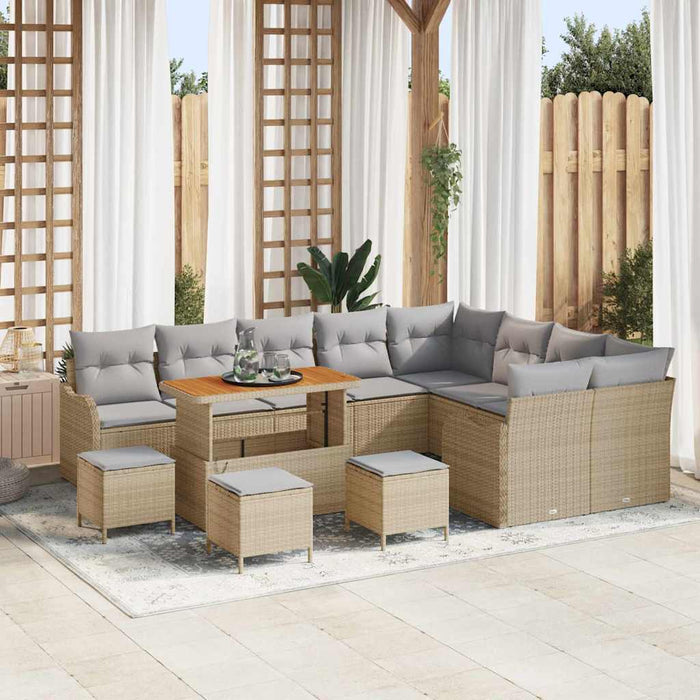 Set da giardino  da 13 pezzi, cuscini in polyrattan beige e legno di acacia. 3362312