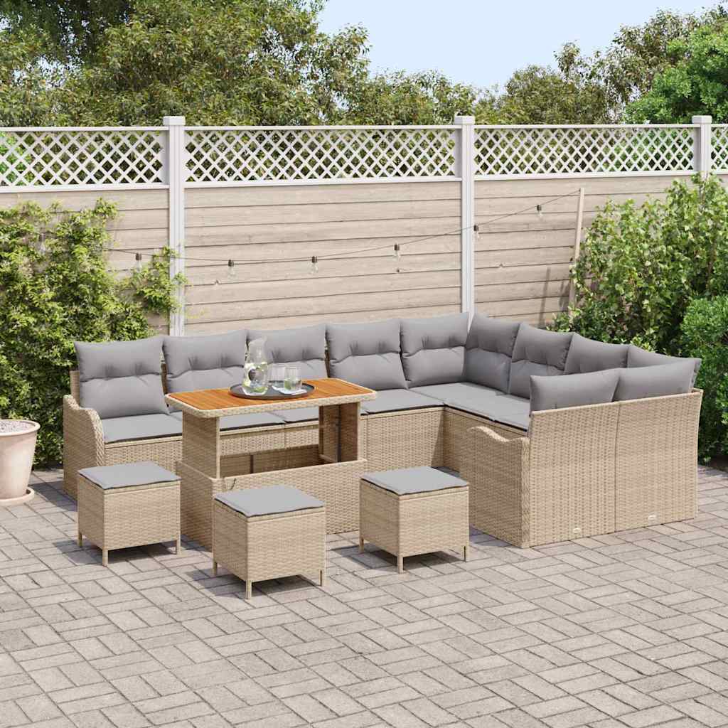 Set da giardino  da 13 pezzi, cuscini in polyrattan beige e legno di acacia. 3362312