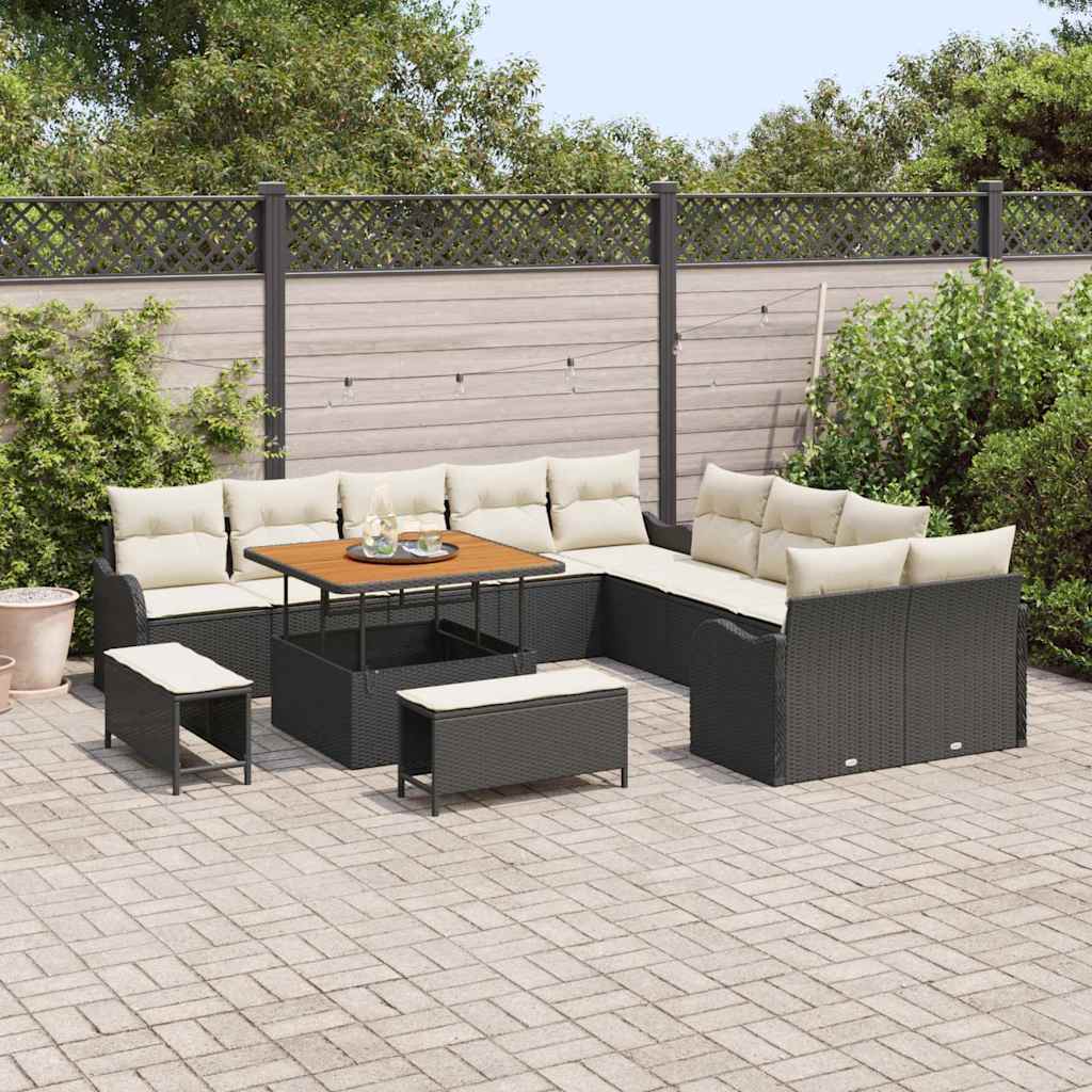 Set da Giardino  da 13 Pezzi con Cuscini in Rattan Sintetico Nero e Acacia. 3362315