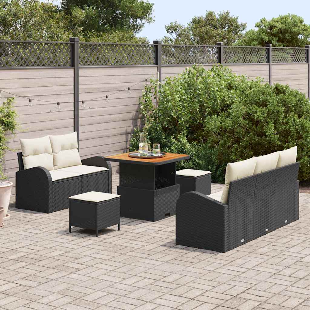 Set Divano da Giardino in 8 Pezzi con Cuscini in Rattan Sintetico Nero e Acacia 3362335