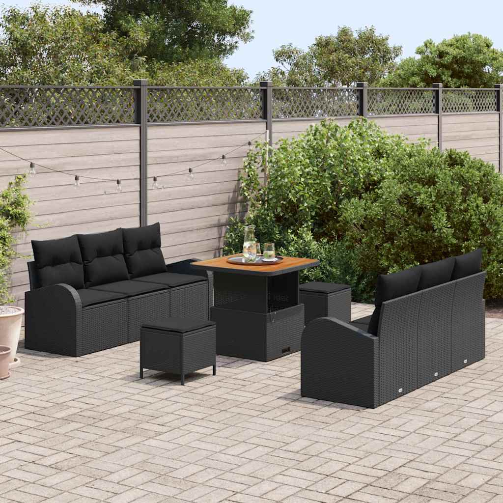 Set Divano da Giardino 9 Pezzi con Cuscini in Rattan Polipropilene Nero e Acacia 3362344
