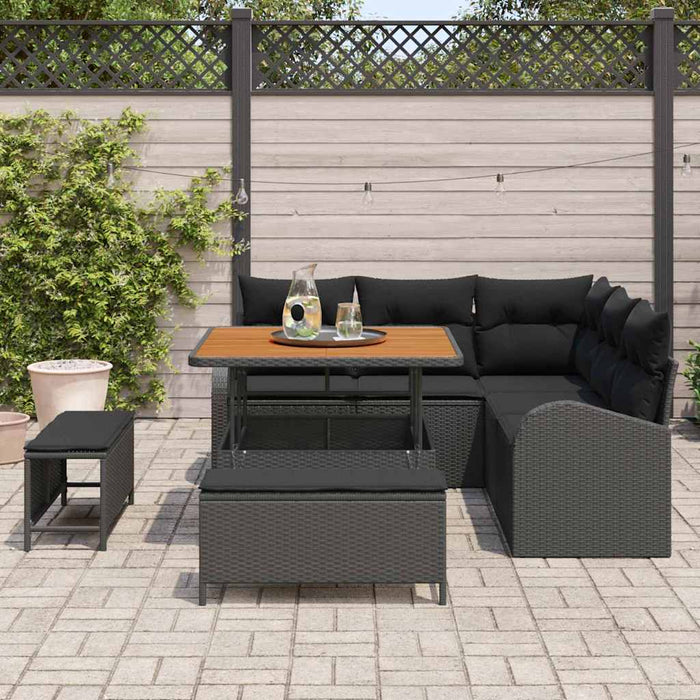 Set di divano da giardino  8 pezzi con cuscini in rattan, policarbonato nero e legno di acacia. 3362384