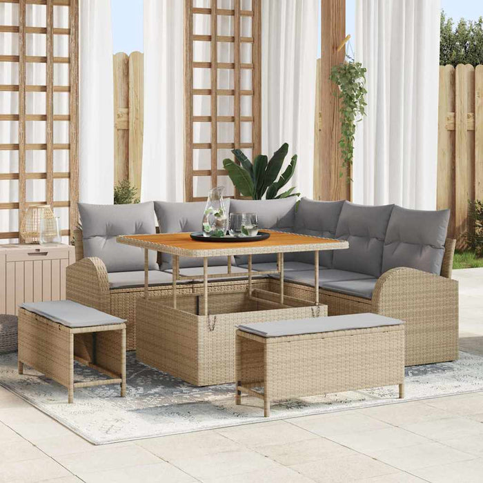 Set di divani da giardino in 8 pezzi con cuscini beige in polirattan e acacia 3362387