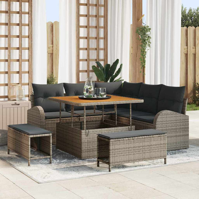Set da Giardino  in 8 Pezzi con Cuscini Grigi, Rattan Sintetico e Acacia 3362388
