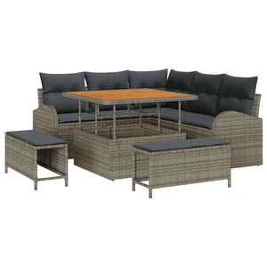 Set da Giardino  in 8 Pezzi con Cuscini Grigi, Rattan Sintetico e Acacia 3362388