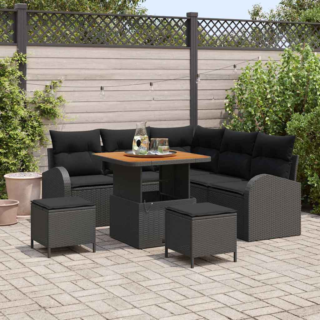 Set da Giardino  8 Pezzi con Cuscini in Rattan Nero e Acacia 3362389
