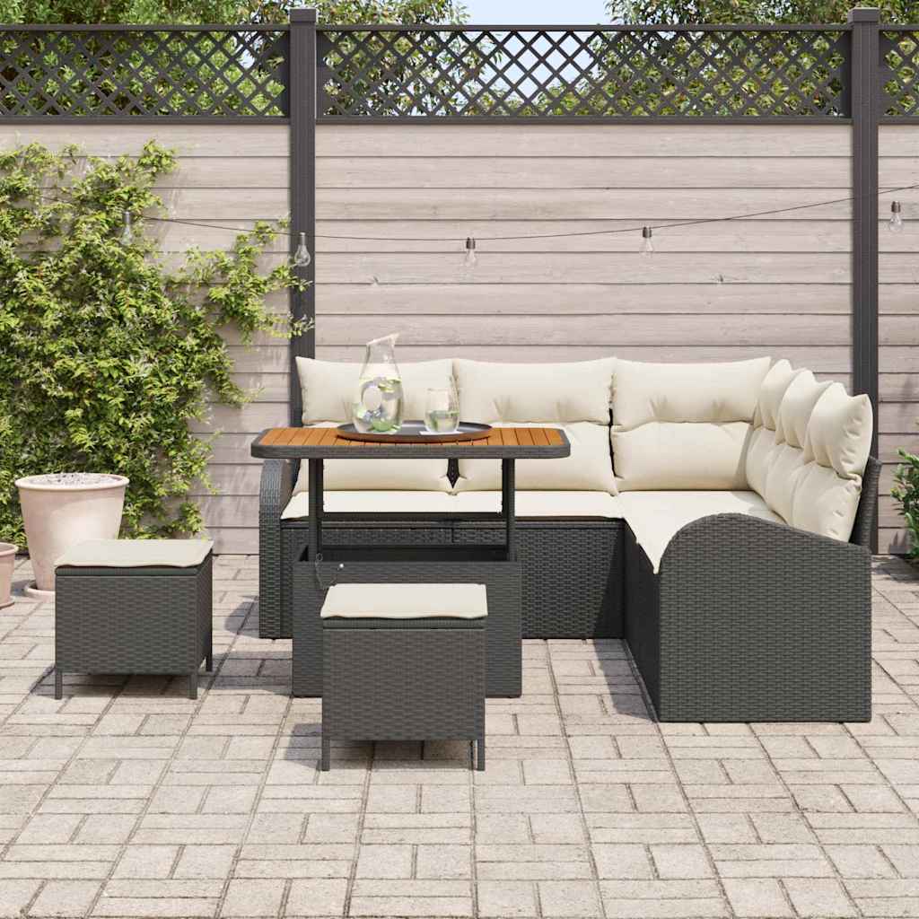 Set di divani da giardino a 8 pezzi con cuscini neri in rattan sintetico e acacia. 3362395