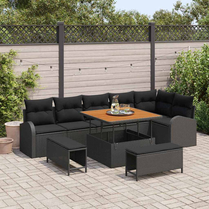 Set di divani da giardino a 9 pezzi con cuscini neri in polirattan e acacia. 3362404