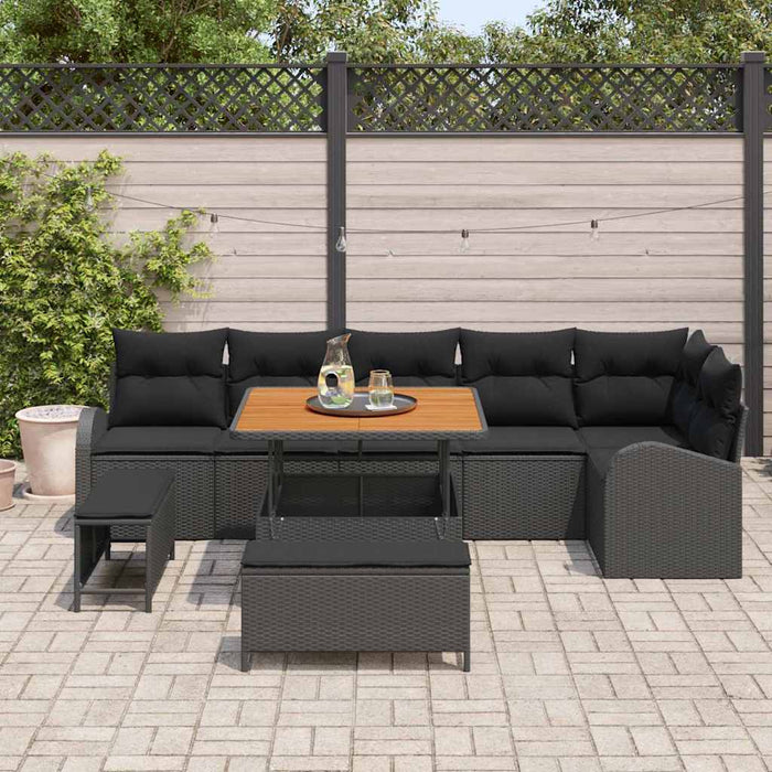 Set di divani da giardino a 9 pezzi con cuscini neri in polirattan e acacia. 3362404