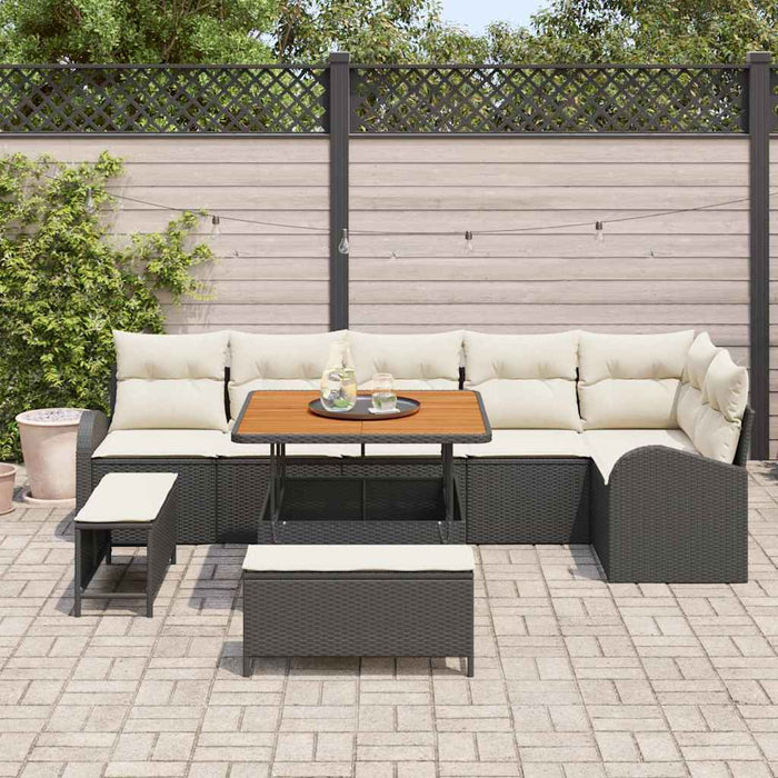Set di divani da giardino 9 pezzi con cuscini neri in polyrattan e legno di acacia 3362405