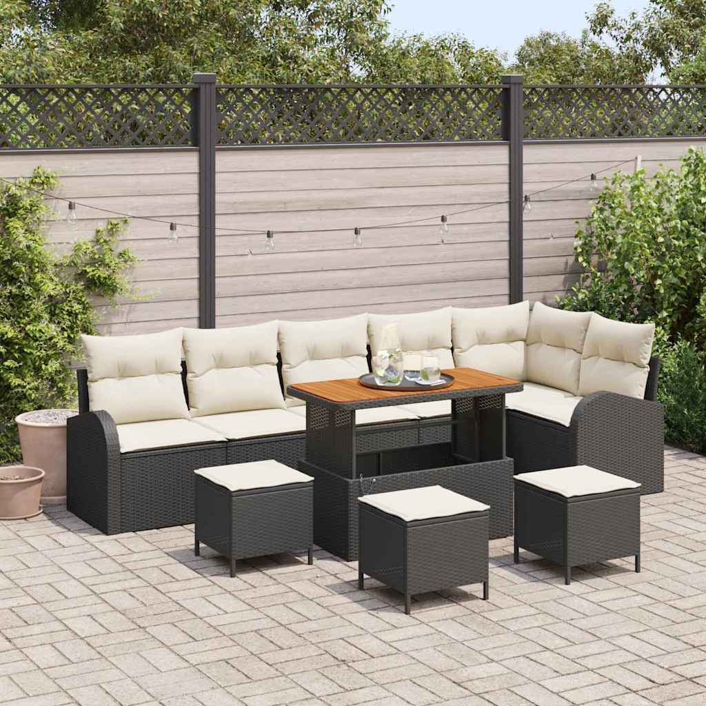 Set di Divani da Giardino 10 Pezzi con Cuscini in Rattan Sintetico Nero e Acacia 3362420