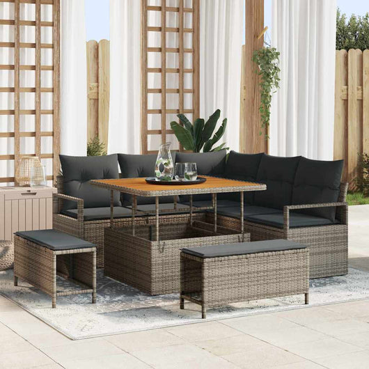 Set Divano da Giardino 8 Pezzi con Cuscini Grigio in Rattan Sintetico e Acacia 3362518