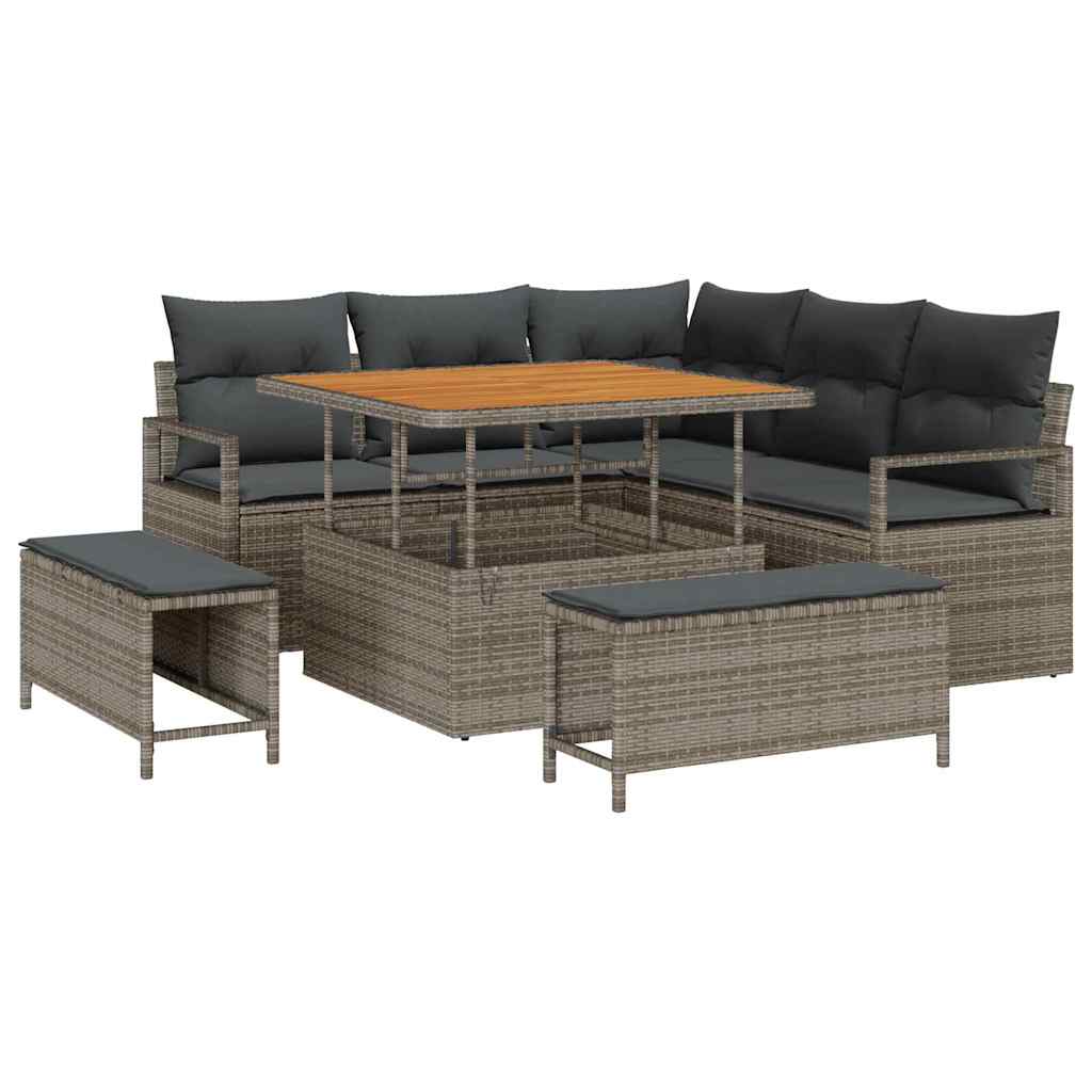 Set Divano da Giardino 8 Pezzi con Cuscini Grigio in Rattan Sintetico e Acacia 3362518
