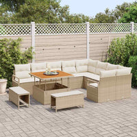 Set di Divani da Giardino 12 Pezzi con Cuscini Beige in Rattan Polimerico e Acacia 3362556
