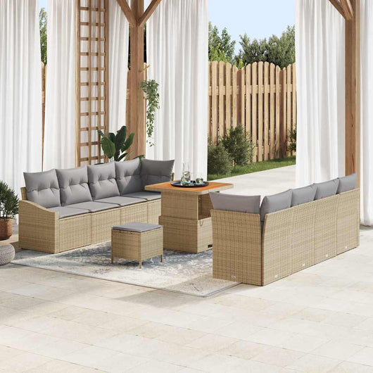 Set Divano da Giardino a 11 Pezzi con Cuscini Beige in Rattan Plastico e Acacia. 3362627