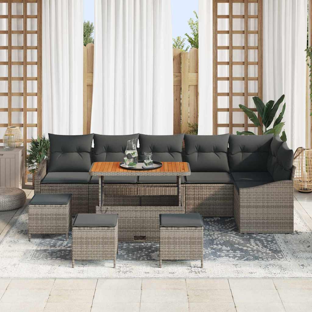 Set di divani da giardino da 10 pezzi con cuscini, in rattan sintetico e acacia, colore grigio. 3362683
