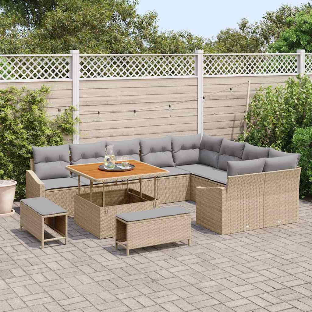 Set da Giardino  da 12 pezzi con cuscini beige in rattan sintetico e acacia 3362687