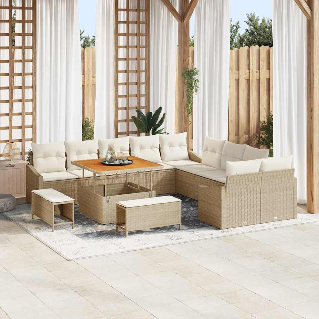 Set di divano da giardino da 13 pezzi con cuscini beige in rattan sintetico e acacia. 3362706