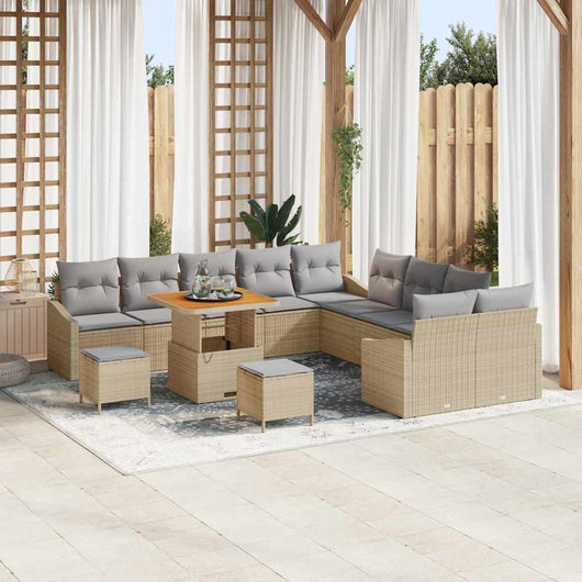 Set divano da giardino di 13 pezzi con cuscini beige in rattan sintetico e legno di acacia. 3362712