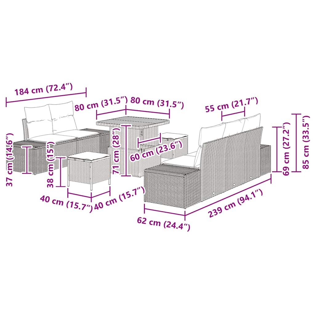 vidaXL Set Divano da Giardino con cuscino 8 pcs Beige Poly Rattan