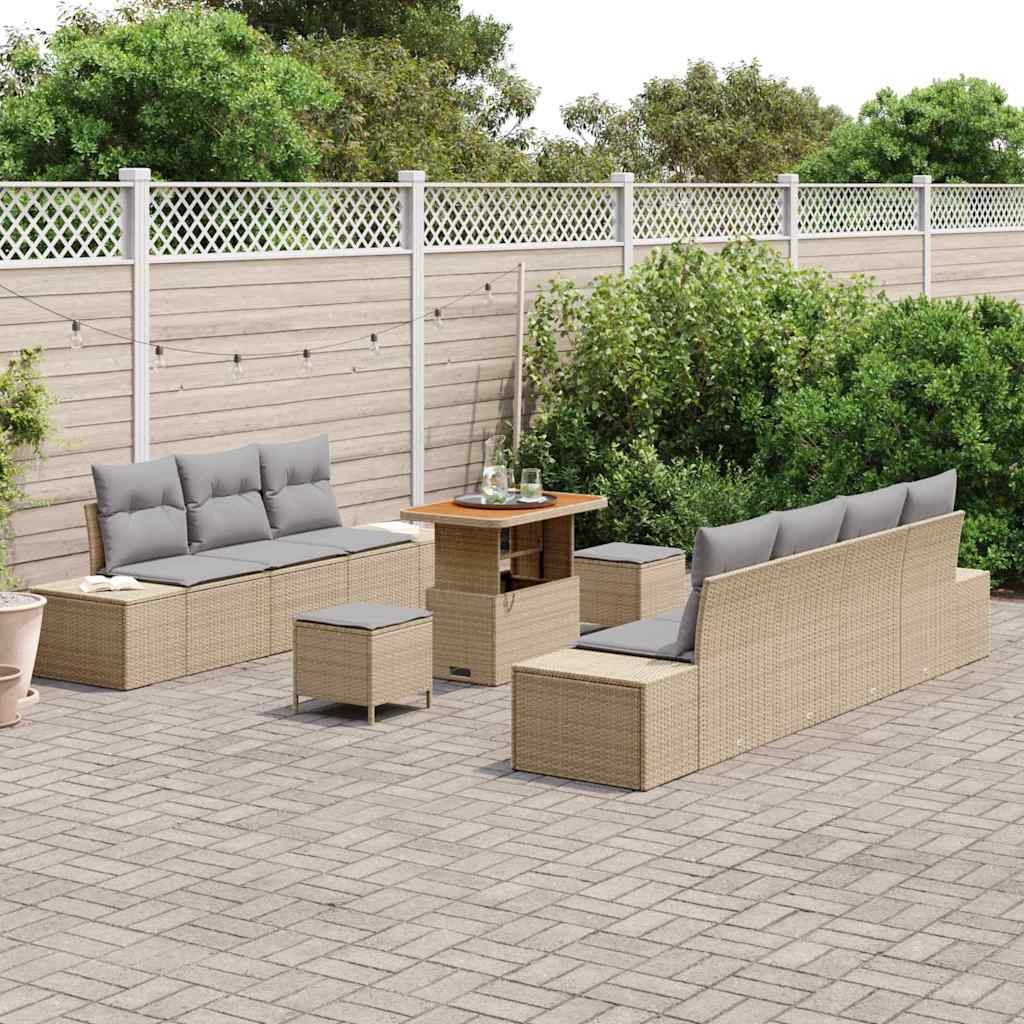Set di divani da giardino in 10 pezzi con cuscini in rattan sintetico beige e acacia 3362752