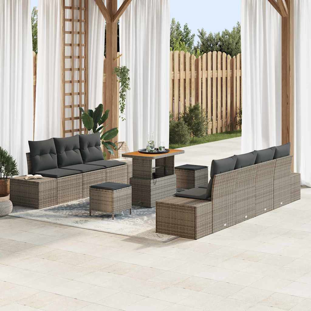 Set Divano da Giardino Grigio  10 Pezzi con Cuscini in Rattan Sintetico e Acacia 3362753