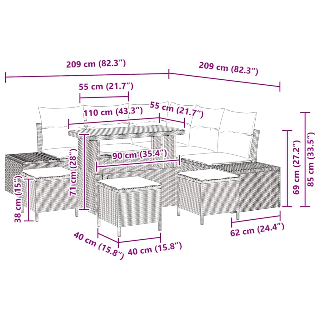 Set di divani da giardino da 9 pezzi con cuscini beige 3362791