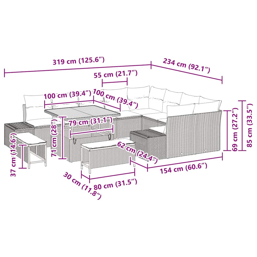 Set Divano da Giardino 12 Pezzi con Cuscini Beige in Polyrattan e Acacia. 3362817