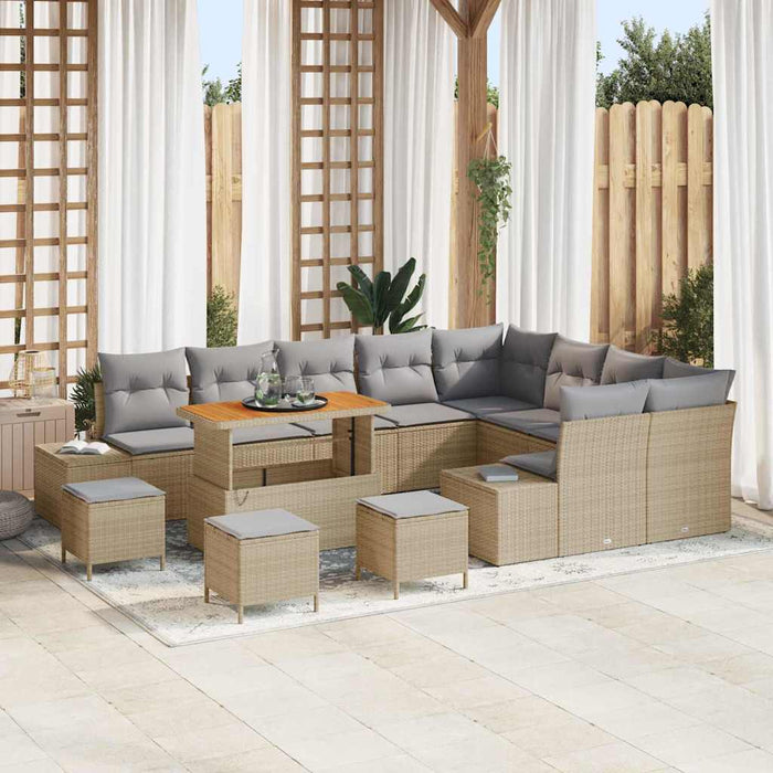 Set di divani da giardino con 13 pezzi e cuscini in rattan sintetico beige e legno di acacia. 3362832