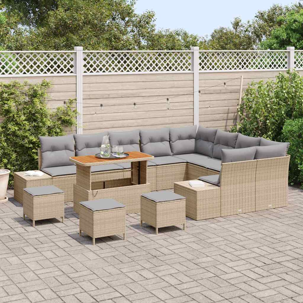 Set di divani da giardino con 13 pezzi e cuscini in rattan sintetico beige e legno di acacia. 3362832