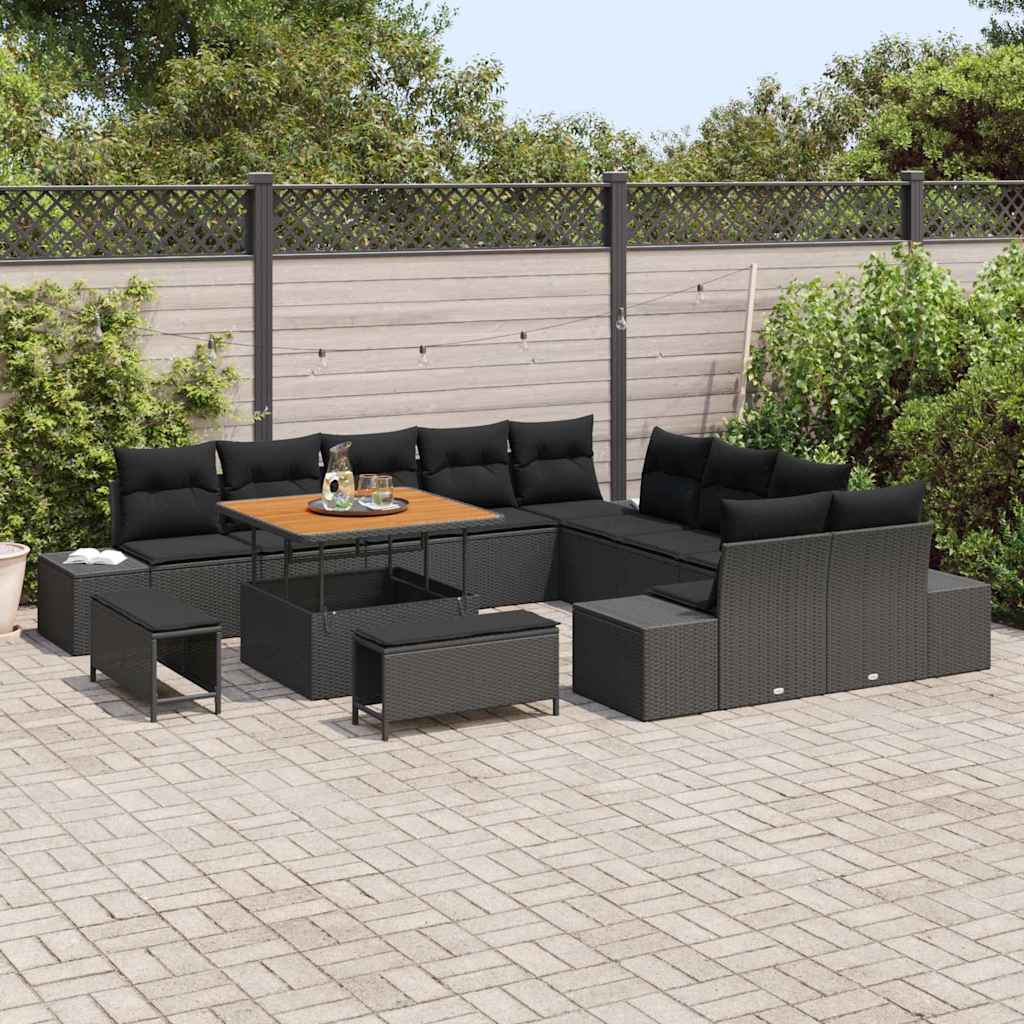 Set di divani da giardino da 13 pezzi in rattan nero e acacia 3362834