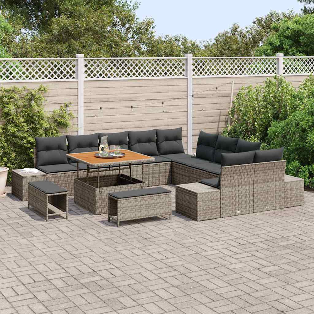 Set Giardino  13 Pezzi con Cuscini Grigi in Rattan Polietilene e Acacia. 3362838