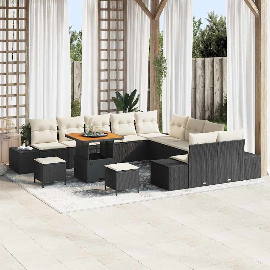 Set da Giardino  in 13 Pezzi con Cuscini Nero in Rattan di Polietilene e Acacia 3362840