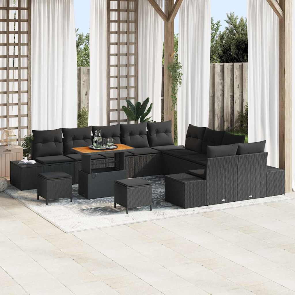 Set Giardino  da 13 Pezzi con Cuscini Neri in Rattan e Acacia 3362844
