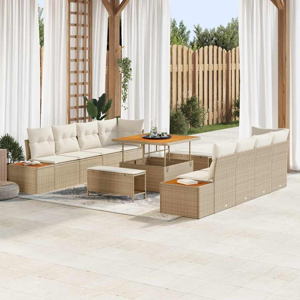Set di Divani da Giardino da 11 Pezzi con Cuscini Beige in Rattan Sintetico e Acacia 3362896