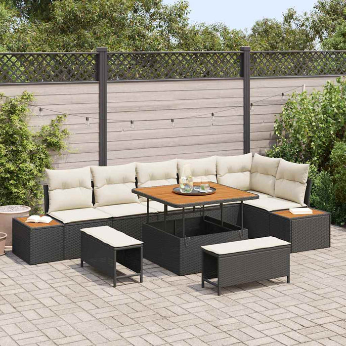 Set di divani da giardino 9 pezzi con cuscini in polirattan nero e legno di acacia 3362925