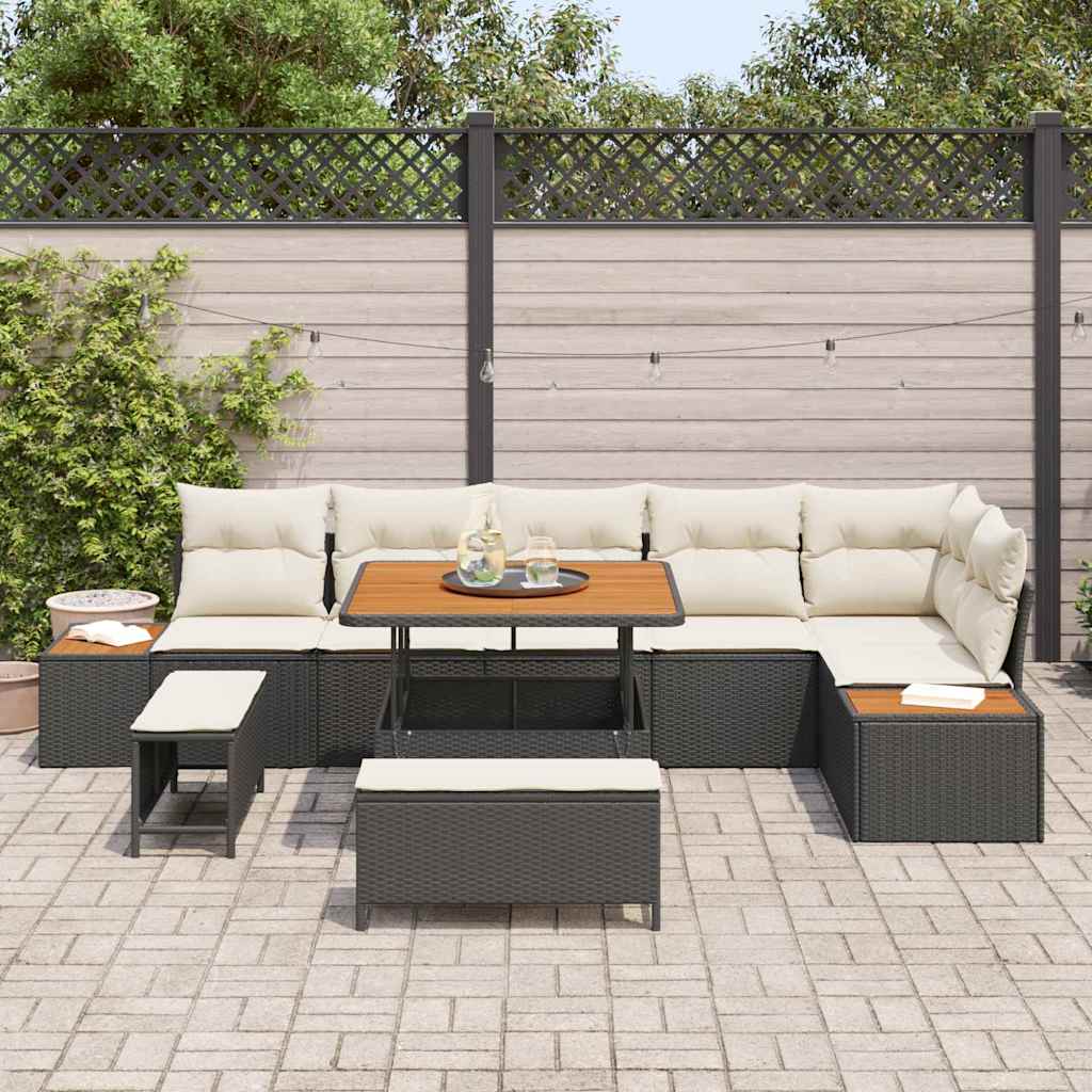 Set di divani da giardino 9 pezzi con cuscini in polirattan nero e legno di acacia 3362925