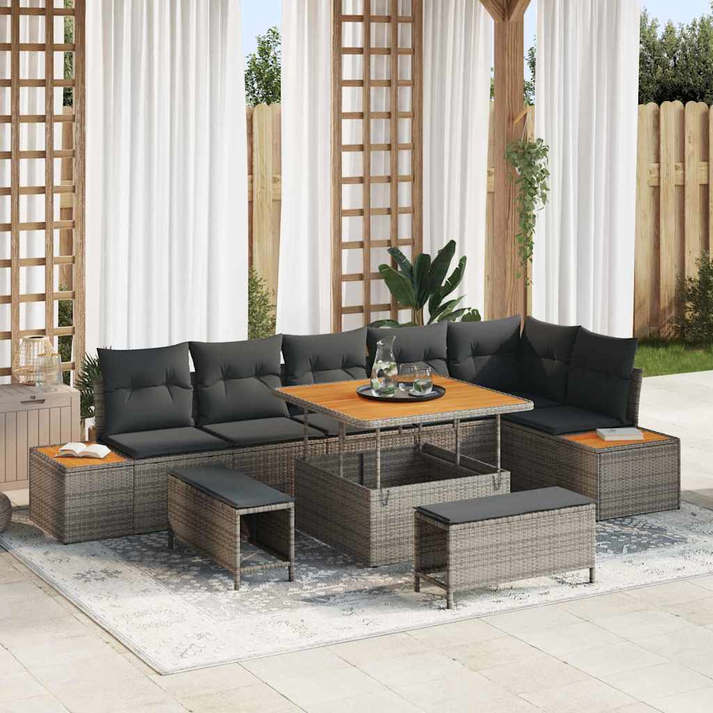 vidaXL Set Divano da Giardino con cuscino 9 pcs Grigio Poly Rattan