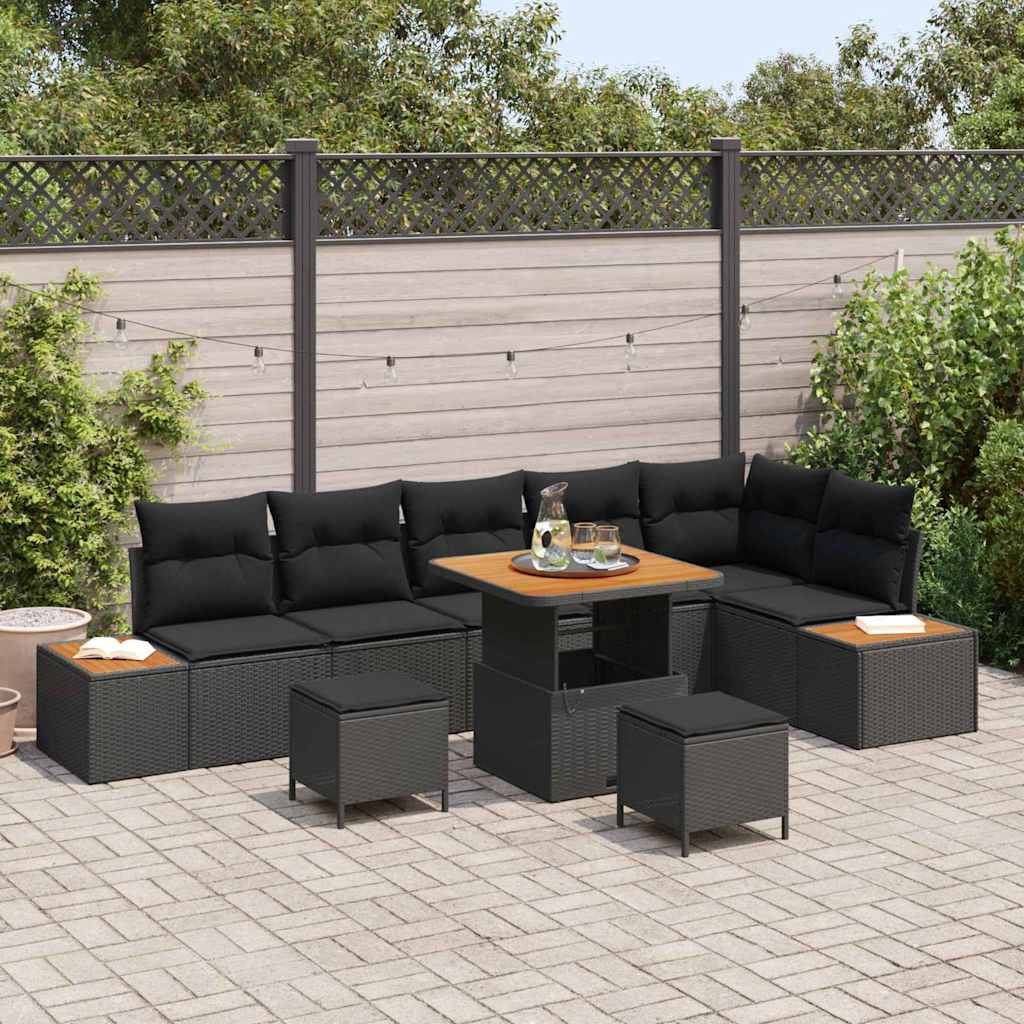vidaXL Set Divano da Giardino con cuscino 9 pcs Nero Poly Rattan