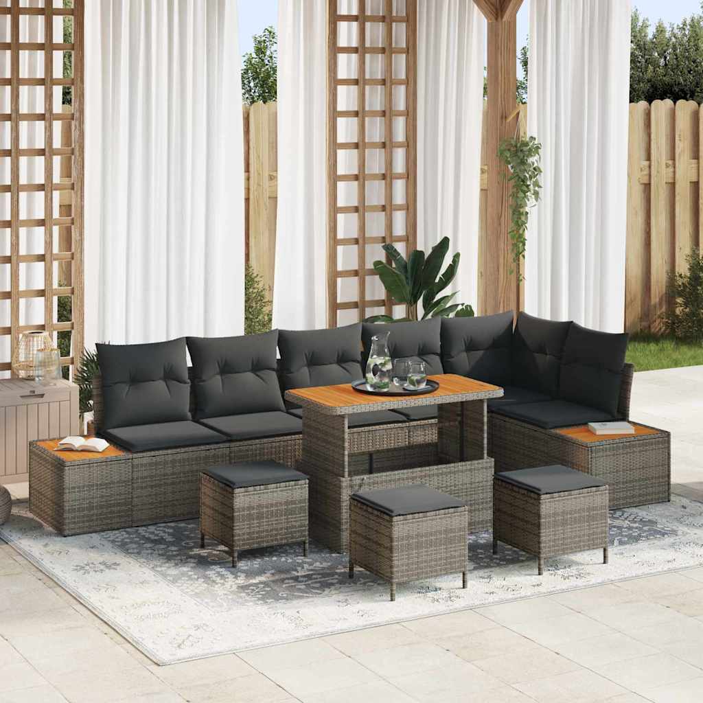 Set di Divani da Giardino 10 Pezzi con Cuscini Grigi in Rattan Sintetico e Acacia 3362943